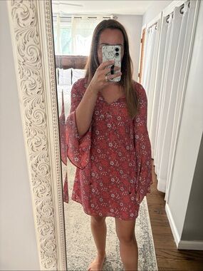 Vibrant Orange Floral V-Neck Mini Dress with Bell Sleeves